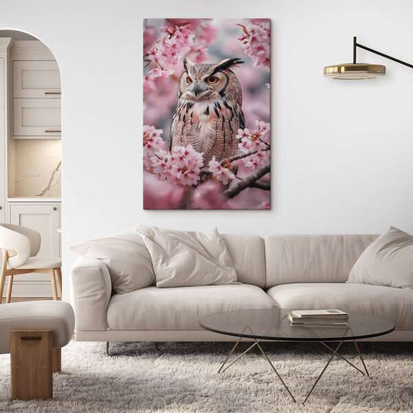 Eine Eule in einem Baum mit rosa Blumen Wandbilder Eine Eule in einem Baum mit rosa Blumen
