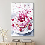 Wandbilder Donut mit rosa Zuckerguss und Himbeeren, die auf einen weißen Teller spritzen