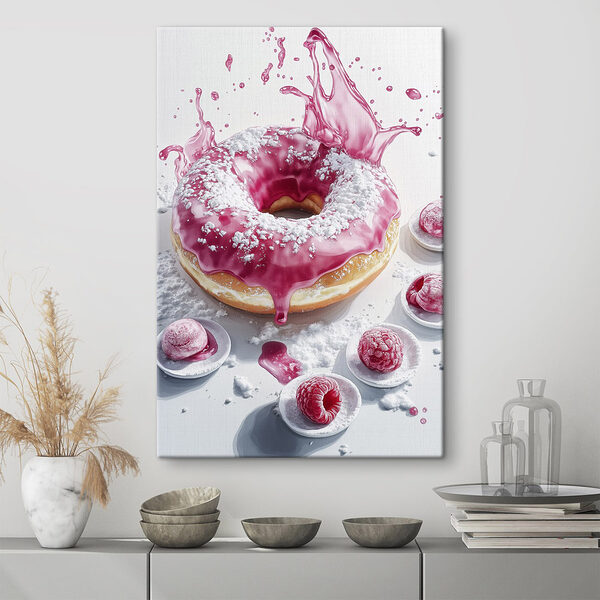 Donut mit rosa Zuckerguss und Puderzucker Wandbilder Donut mit rosa Zuckerguss und Puderzucker