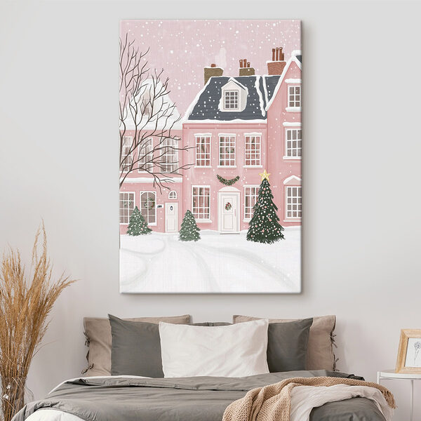 Rosa Haus mit Bäumen und Schnee Wandbilder Rosa Haus mit Bäumen und Schnee