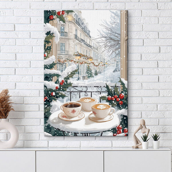 Ein paar Tassen Kaffee auf einem Balkon mit Schnee und Gebäuden Wandbilder Ein paar Tassen Kaffee auf einem Balkon mit Schnee und Gebäuden