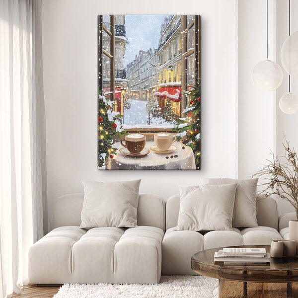 Fenster mit zwei Tassen Kaffee und Bäumen vor einer Straße Wandbilder Fenster mit zwei Tassen Kaffee und Bäumen vor einer Straße