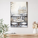 Wandbilder Tisch mit Tassen und einer Vase mit Blumen darauf mit einer Schneelandschaft