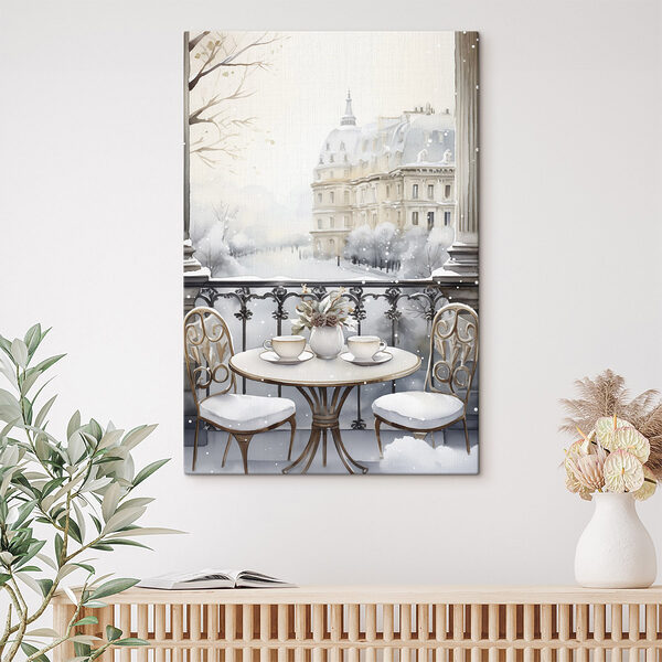 Tisch mit Tassen und einer Vase mit Blumen darauf mit einer Schneelandschaft Wandbilder Tisch mit Tassen und einer Vase mit Blumen darauf mit einer Schneelandschaft
