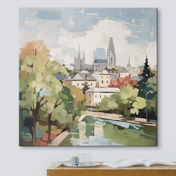Gemälde einer Stadt mit Bäumen und einem Fluss Wandbilder Gemälde einer Stadt mit Bäumen und einem Fluss