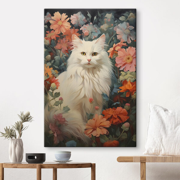 Weiße Katze in einem Blumengarten Wandbilder Weiße Katze in einem Blumengarten