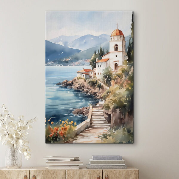 Aquarellmalerei eines Gebäudes auf einer Klippe an einem Gewässer Wandbilder Aquarellmalerei eines Gebäudes auf einer Klippe an einem Gewässer
