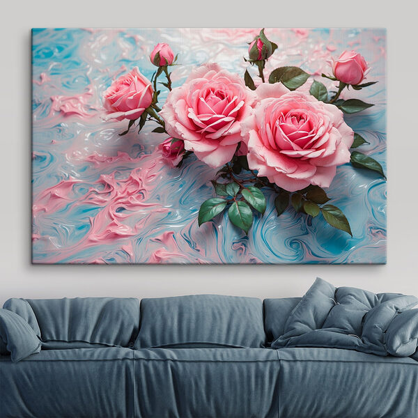 Gruppe von rosa Rosen auf einer blauen und weißen Fläche Wandbilder Gruppe von rosa Rosen auf einer blauen und weißen Fläche