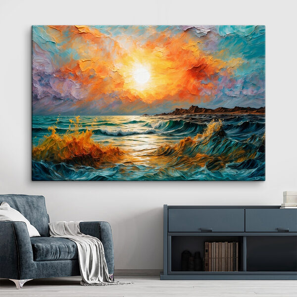 Gemälde eines Sonnenuntergangs über einer Wasserfläche Wandbilder Gemälde eines Sonnenuntergangs über einer Wasserfläche