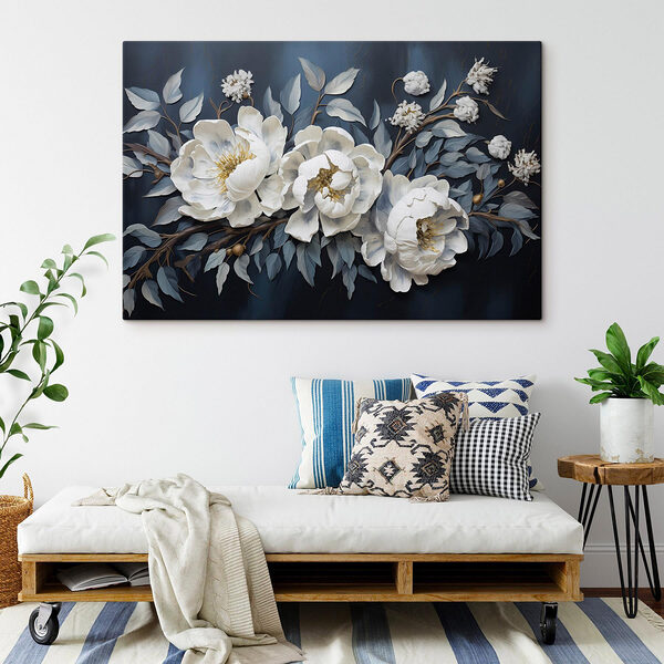 Weiße Blumen und Blätter auf blauem Hintergrund Wandbilder Weiße Blumen und Blätter auf blauem Hintergrund