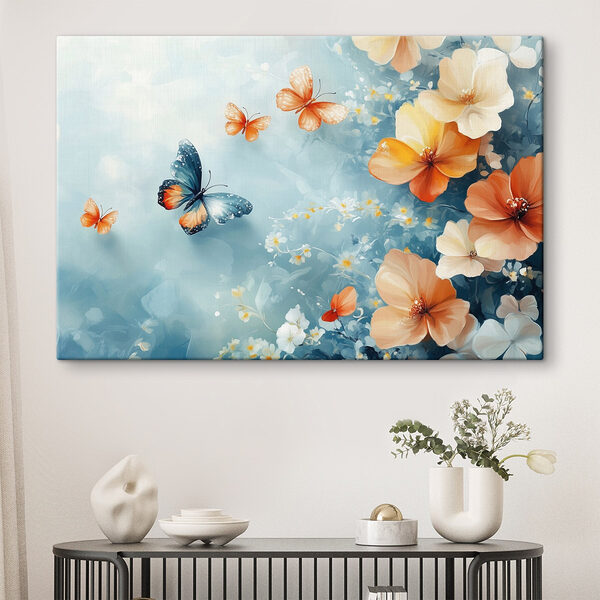 Schmetterlinge und Blumen auf einem blauen Hintergrund Wandbilder Schmetterlinge und Blumen auf einem blauen Hintergrund