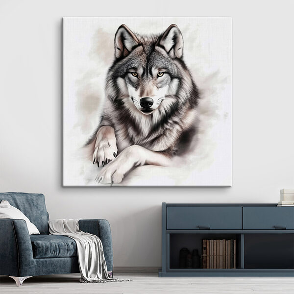 Wolf liegt und schaut in die Kamera Wandbilder Wolf liegt und schaut in die Kamera