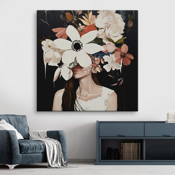 Gemälde einer Frau mit Blumen im Gesicht Wandbilder Gemälde einer Frau mit Blumen im Gesicht