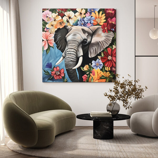 Ein Elefant mit Stoßzähnen in einem Blumengarten Wandbilder Ein Elefant mit Stoßzähnen in einem Blumengarten