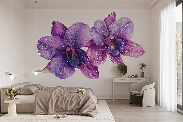 Lila Blumen mit Wassertropfen darauf Fototapeten Lila Blumen mit Wassertropfen darauf