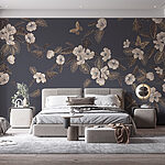 Fototapeten Weiße Blumen und Blätter auf grauem Hintergrund