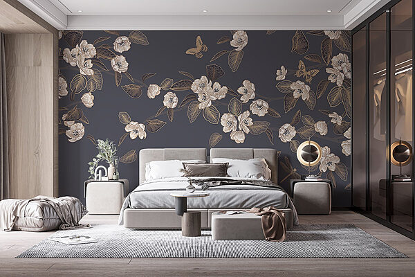 Weiße Blumen und Blätter auf grauem Hintergrund Fototapeten Weiße Blumen und Blätter auf grauem Hintergrund