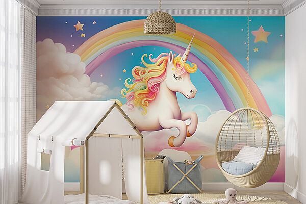 Einhorn mit Regenbogen und Wolken Fototapeten Einhorn mit Regenbogen und Wolken