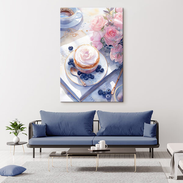 Aquarellmalerei eines Desserts mit einer Rose auf einem Teller mit Blaubeeren und einem Löffel Wandbilder Aquarellmalerei eines Desserts mit einer Rose auf einem Teller mit Blaubeeren und einem Löffel