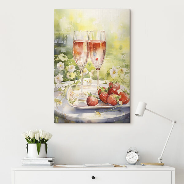 Aquarellmalerei von zwei Gläsern Champagner und Erdbeeren auf einem Tablett Wandbilder Aquarellmalerei von zwei Gläsern Champagner und Erdbeeren auf einem Tablett