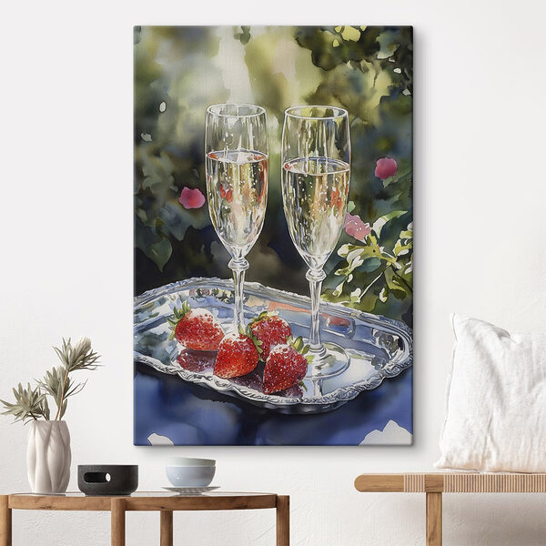 Zwei Gläser Champagner und Erdbeeren auf einem Tablett Wandbilder Zwei Gläser Champagner und Erdbeeren auf einem Tablett