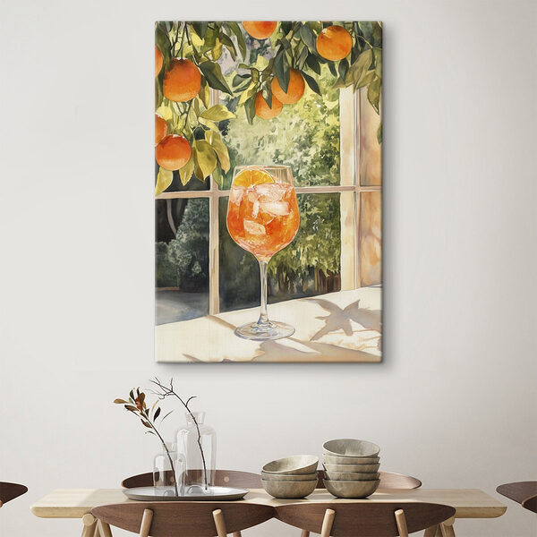 Glas Orangensaft mit Eis und Orangen aus einem Fenster Wandbilder Glas Orangensaft mit Eis und Orangen aus einem Fenster