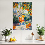 Wandbilder Glas Orangensaft mit Orangen im Hintergrund