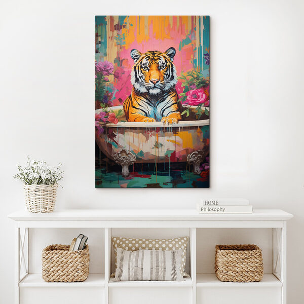 Gemälde eines Tigers in einer geblümten Wanne Wandbilder Gemälde eines Tigers in einer geblümten Wanne