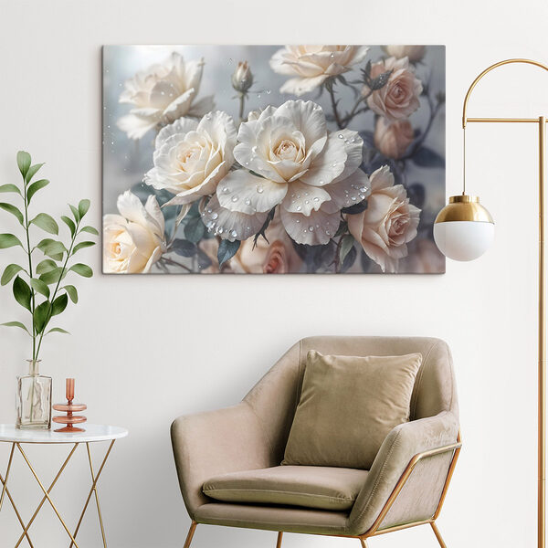 Gruppe von weißen Rosen mit Wassertropfen Wandbilder Gruppe von weißen Rosen mit Wassertropfen