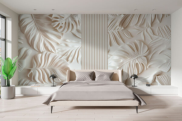 Weiße Wand mit Blättern Fototapeten Weiße Wand mit Blättern