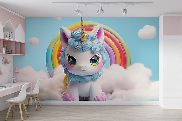 Spielzeug-Einhorn mit einem Regenbogen im Hintergrund Fototapeten Spielzeug-Einhorn mit einem Regenbogen im Hintergrund