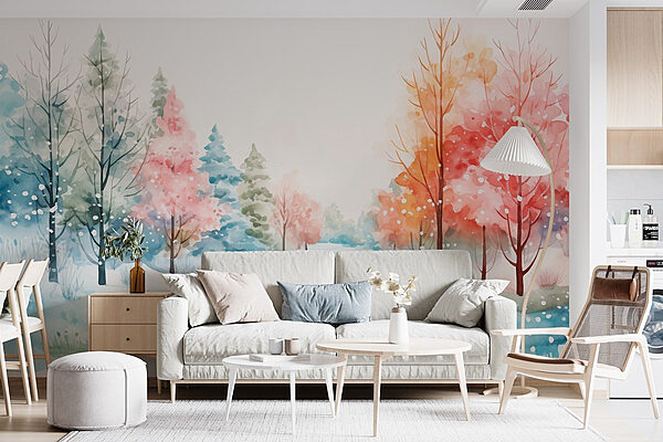 Aquarellbild einer verschneiten Straße mit Bäumen Fototapeten Aquarellbild einer verschneiten Straße mit Bäumen