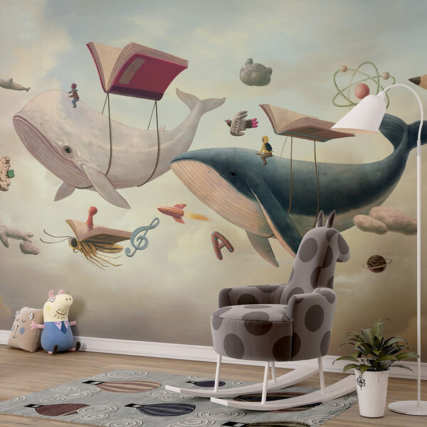 Wale und Wale mit Büchern und ein Buch über sie Fototapeten Wale und Wale mit Büchern und ein Buch über sie