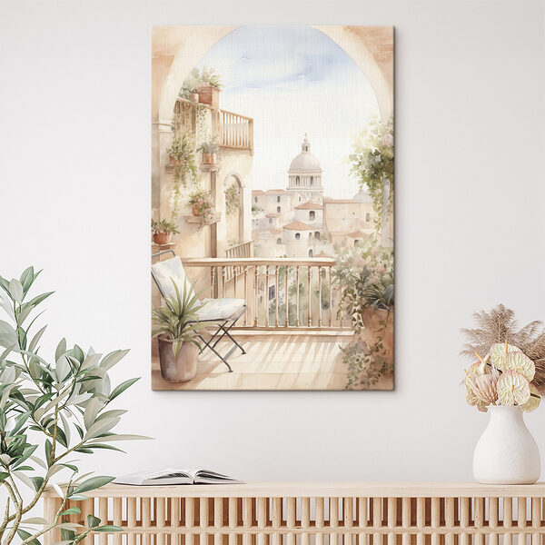 Aquarellmalerei eines Balkons mit Blick auf eine Stadt Wandbilder Aquarellmalerei eines Balkons mit Blick auf eine Stadt