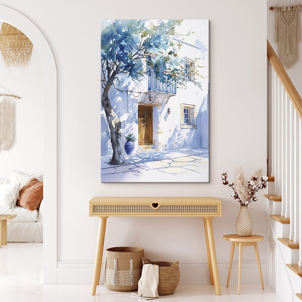 Aquarell eines Gebäudes mit einem Baum und einem Balkon Wandbilder Aquarell eines Gebäudes mit einem Baum und einem Balkon