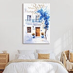 Wandbilder Aquarellmalerei eines Gebäudes mit Balkon und blauen Blumen