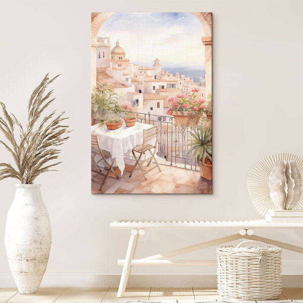 Aquarell von einem Tisch und Stühlen auf einem Balkon mit Blick auf eine Stadt Wandbilder Aquarell von einem Tisch und Stühlen auf einem Balkon mit Blick auf eine Stadt