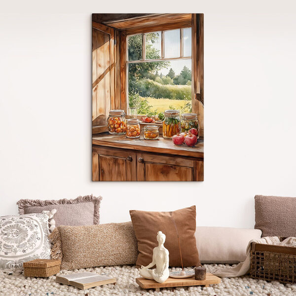 Aquarell von Gläsern mit Lebensmitteln auf einer Fensterbank Wandbilder Aquarell von Gläsern mit Lebensmitteln auf einer Fensterbank