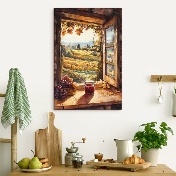 Fenster mit Blick auf einen Weinberg und ein Glas Marmelade Wandbilder Fenster mit Blick auf einen Weinberg und ein Glas Marmelade