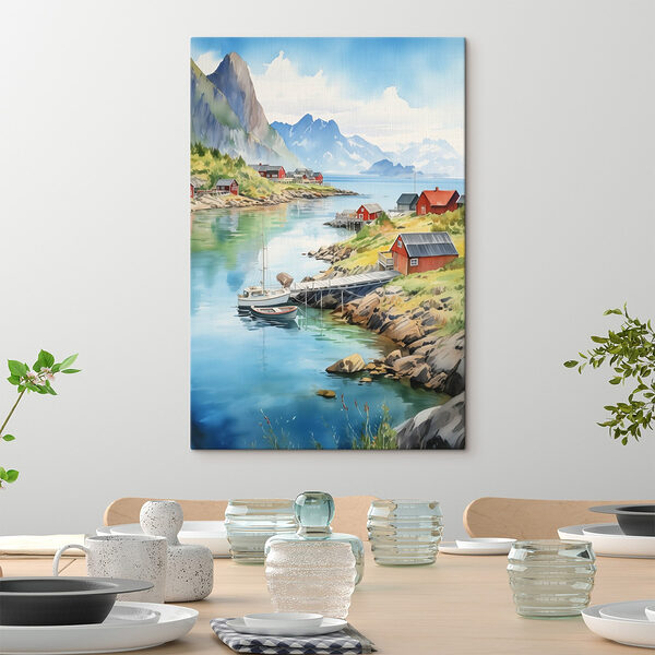 Aquarell eines Flusses mit einem Boot und Häusern auf dem Fluss Wandbilder Aquarell eines Flusses mit einem Boot und Häusern auf dem Fluss