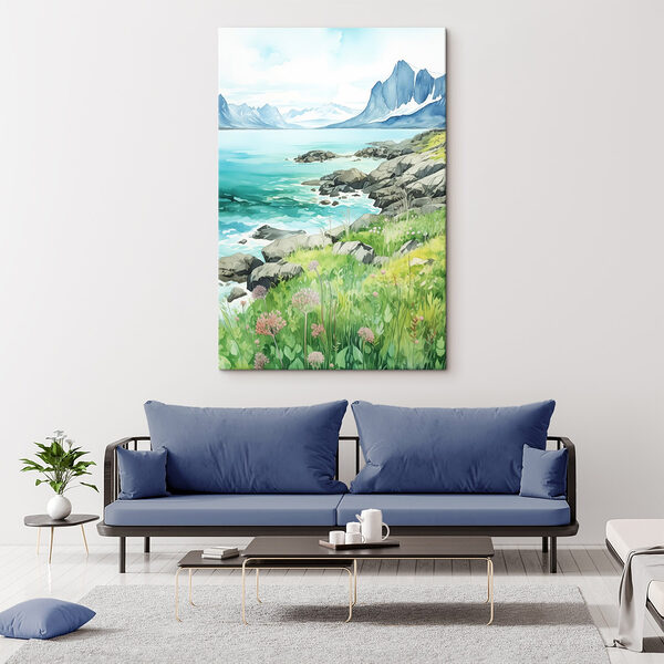 Aquarell eines felsigen Ufers mit Bergen und blauem Himmel Wandbilder Aquarell eines felsigen Ufers mit Bergen und blauem Himmel