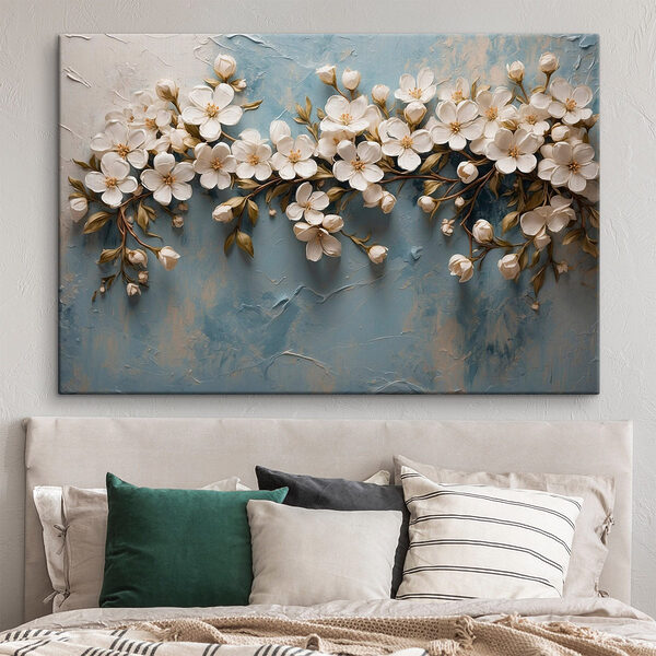 Weiße Blumen auf blauer Fläche Wandbilder Weiße Blumen auf blauer Fläche