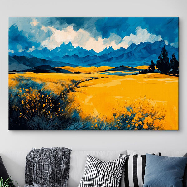 Gelbes Feld mit Bergen im Hintergrund Wandbilder Gelbes Feld mit Bergen im Hintergrund