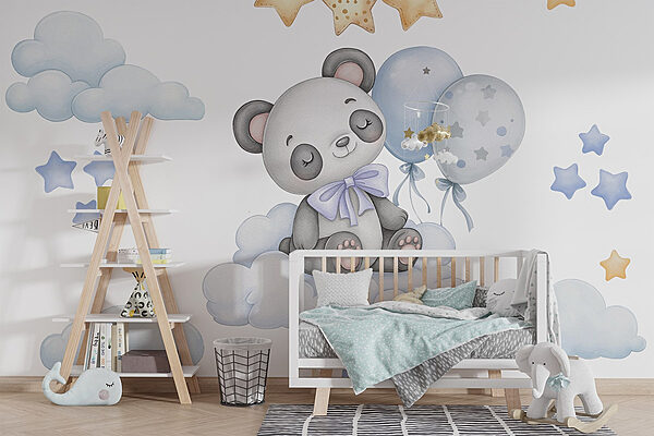 Cartoon Panda sitzt auf einer Wolke mit Luftballons Fototapeten Cartoon Panda sitzt auf einer Wolke mit Luftballons