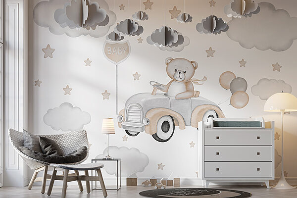 Teddybär am Steuer eines Autos mit Luftballons Fototapeten Teddybär am Steuer eines Autos mit Luftballons