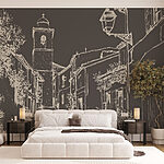 Fototapeten Zeichnung einer Straße mit Gebäuden und einem Glockenturm