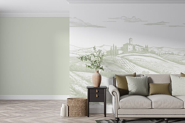 Fototapeten Landschaft mit einem Haus und Feldern