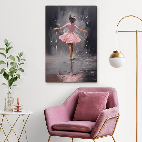 Gemälde eines Mädchens in einem rosa Kleid, das im Regen tanzt Wandbilder Gemälde eines Mädchens in einem rosa Kleid, das im Regen tanzt