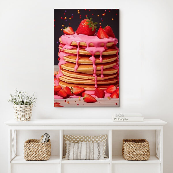 Pfannkuchenstapel mit rosa Zuckerguss und Erdbeeren Wandbilder Pfannkuchenstapel mit rosa Zuckerguss und Erdbeeren