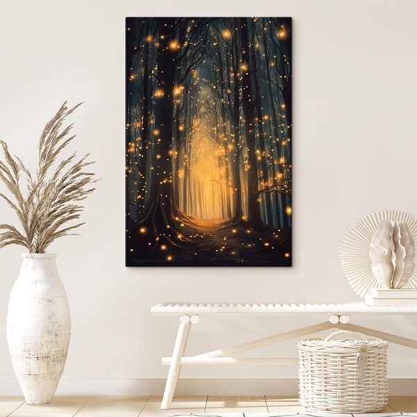 Weg durch einen Wald mit vielen Bäumen mit Lichtern Wandbilder Weg durch einen Wald mit vielen Bäumen mit Lichtern